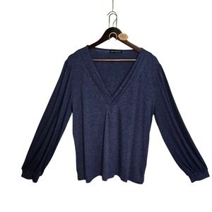 Agnes Urban Womens Navy Blue V-Neck Long Sleeve Puff Shoulder Top Size XL